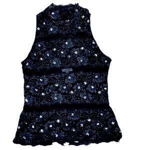 👚🖤 CACHE Black Lace Mock Neck Top | Women’s L | Vintage Lined Sleeveless Glam